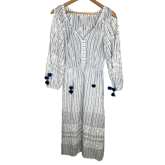 Anthropologie M LOVESHACKFANCY Striped Isla Midi Dress Long Sleeve White Blue - Picture 3 of 10